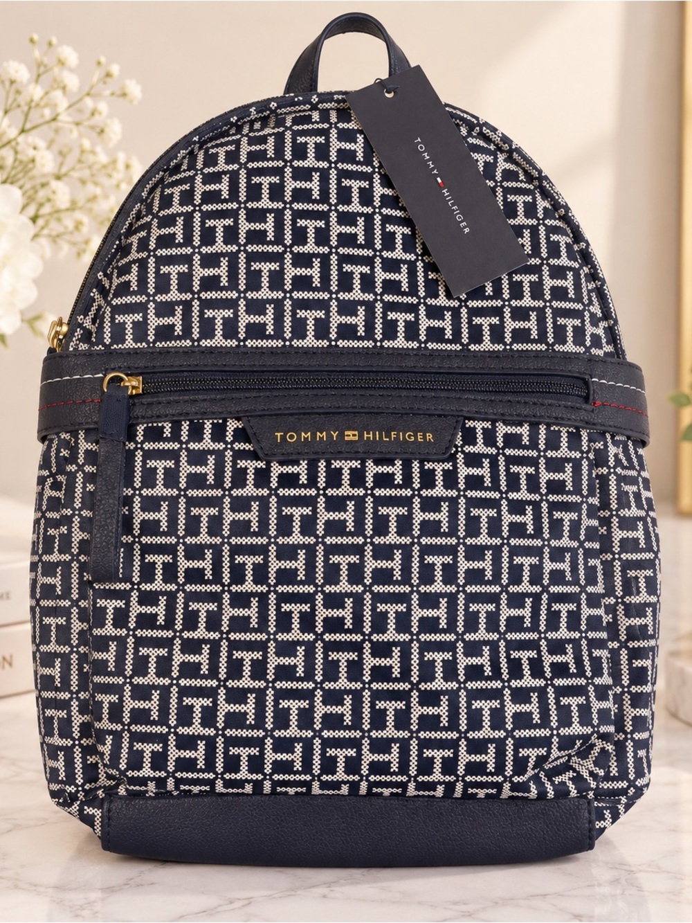 Tommy Hilfiger Navy White Monogram Mini Backpack NWT